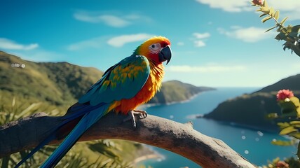 Colorful parrots perched on the branches of trees in front of lakes and mountains.