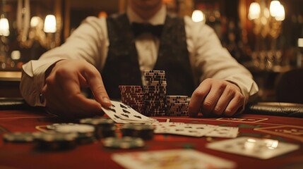 A focused shot of a dealer shuffling a deck of cards with precision - obrazy, fototapety, plakaty