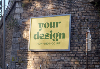 Mockup of horizontal customizable sign on brick wall