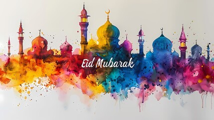 The phrase "Eid Mubarak" glows in high definition against a vibrant white canvas, radiating joy and celebration