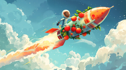 A quirky cartoon character riding a rocket ship made of funny food - obrazy, fototapety, plakaty