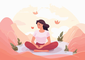 Obraz na płótnie Canvas Young woman meditating in the lotus position Vector illustration in flat style