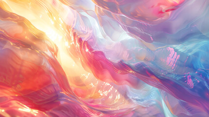 A shimmering iridescent landscape where light fractures into spectral colors creating a dreamscape of ethereal beauty