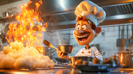 A silly cartoon character cooking up a storm in the kitchen - obrazy, fototapety, plakaty