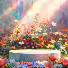 Fototapeta na wymiar A summer 3D podium set in a vibrant flower garden with the soft pastels of a sunlit meadow backdrop