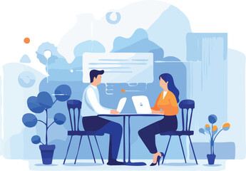 Flat vector illustration of a man and woman sitting at a table in a cafe with a laptop - obrazy, fototapety, plakaty