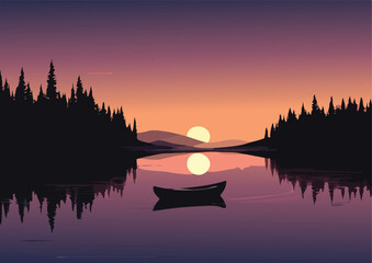 Silhouette of a boat on a lake at sunset Vector illustration