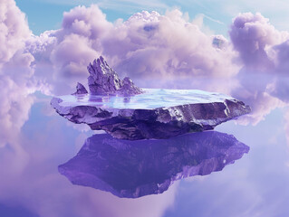 3d render of a floating island with a metallic surface reflecting a surreal sky on a purple background