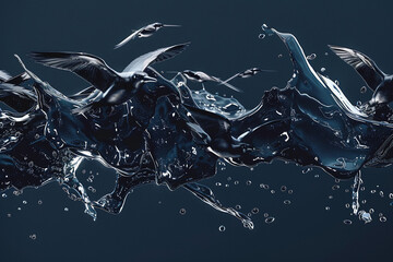 3d render of a glossy liquid mercury spill transforming into birds on a navy blue background