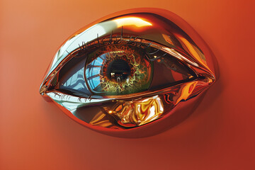 3d render of a glossy surreal eye with a metallic iris on a burnt orange background