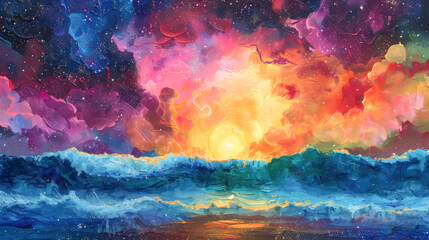 Abstract Cosmic Ocean and Colorful Nebula Painting - obrazy, fototapety, plakaty