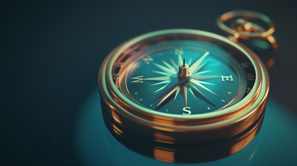 3d render of a reflective golden compass with a neon needle on a dark teal background - obrazy, fototapety, plakaty