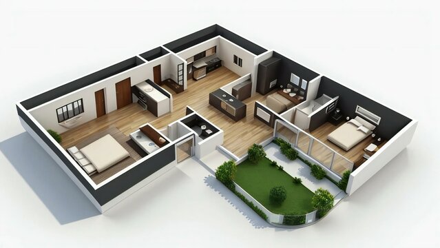 3D illustration floor plan of a house, modern cozy house isolated on white background. Concept for real estate or property.