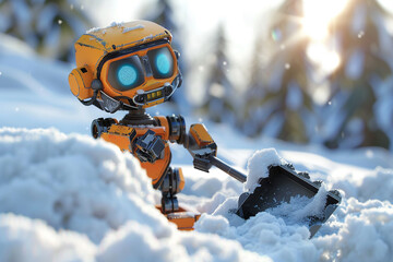 3d render of a tiny robot with a snow shovel clearing a path