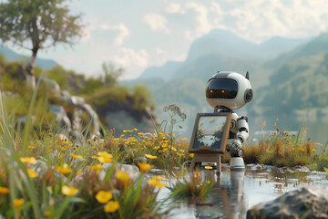 3d render of a tiny robot with an easel painting a landscape
