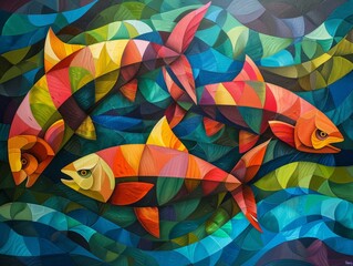 An abstract cubist interpretation of salmon swimming upstream their vibrant colors clashing with the cool tones of the river