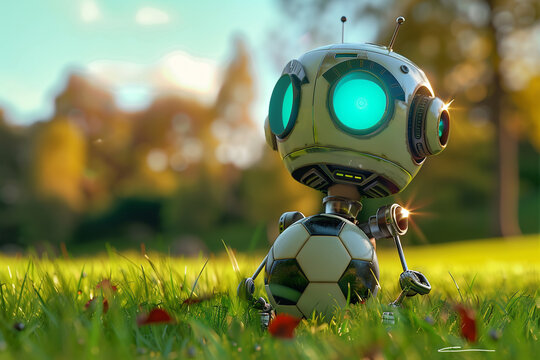 3d render of a tiny robot with a soccer ball practicing goals