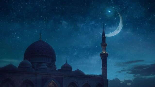 mosque with crescent moon and blinking stars animation ramadan greeting concept. eid mubarak