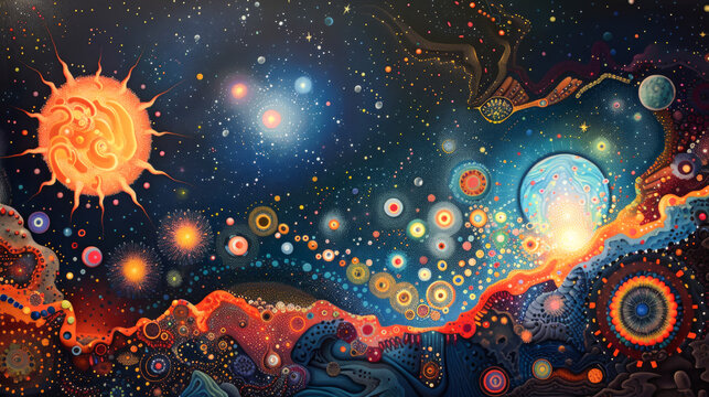 An abstract painting featuring a surreal interpretation of cosmic phenomena, with vibrant colors and intricate patterns symbolizing celestial bodies