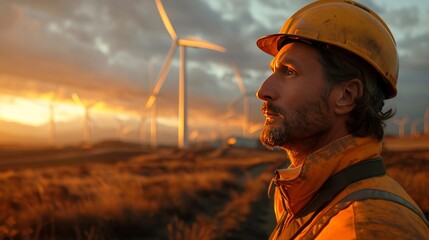 An environmental engineer overseeing a renewable energy project, with wind turbines or solar panels in the background - obrazy, fototapety, plakaty
