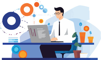 Businessman working on computer in office Vector illustration in flat style