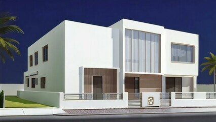 Modern apartment building country, Minimalistic 3D model of a modern home on a plain blue background. Concept for real estate or property