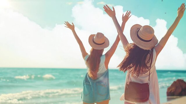 friendship freedom beach summer holiday concept. two best friend enjoying summer beach time. seamless looping overlay 4k virtual video animation background