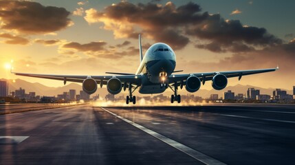 A plane taking off from an airport - obrazy, fototapety, plakaty