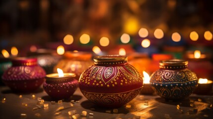 Naklejka premium Diwali celebration, festive diwali clay lamps.