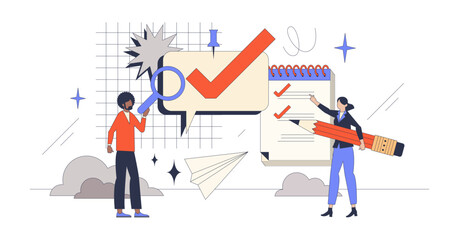 Employee engagement surveys for company feedback retro tiny person concept, transparent background. Human resources analysis about workplace satisfaction or staff motivation illustration.