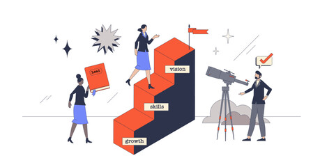 Fototapeta premium Leadership development and personal skill growth retro tiny person concept, transparent background. Career progress with growth and clear vision to aim higher illustration.