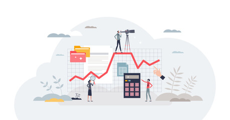 Market trend analysis tools for information research tiny person concept, transparent background.Financial market forecast, calculation or economical statistics illustration.