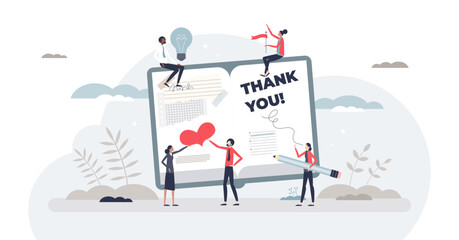 Gratitude journaling as daily appreciation training tiny person concept, transparent background. Diary writing with good emotions and thoughts for inner positivity and empowerment illustration.