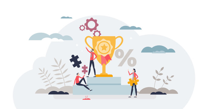 Gamification method for motivation and fun process tiny person concept, transparent background. Bonus prize, trophy or award for challenge winner illustration. Employee or customer engagement.