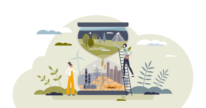 Environmental change as hourglass with urbanization scene tiny person concept, transparent background. Natural ecosystem reduction and deforestation problem illustration.