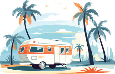 Caravan on the beach with palm trees Vector flat illustration
