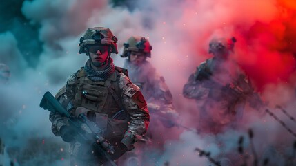 Intense military scene with smoke and soldiers in gear. dramatic combat atmosphere captured in vivid colors. action photography perfect for editorial use. AI