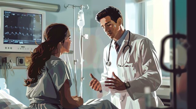 Attentive doctor discussing treatment with patient in hospital room. healthcare professional at work. medical consultation scene. trustworthy healthcare environment. AI