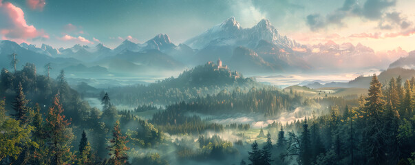 Ethereal landscapes ancient structures surrounded by enchanted forests under a panoramic galaxy sky