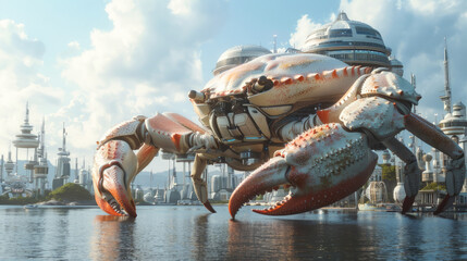 Futuristic cityscape where buildings are shaped like crabs showcasing a blend of seafood delicacy and advanced architecture - obrazy, fototapety, plakaty