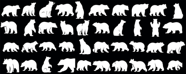 Polar Bear silhouette collection, diverse poses, ideal for logos, emblems, wildlife themed designs, majestic animal stances, bear vector art