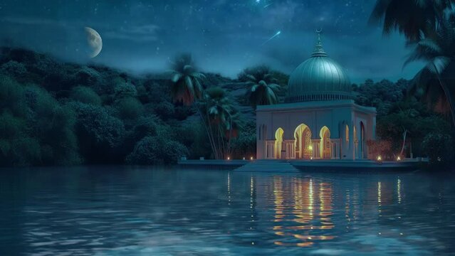 mosque with calm pool and blinking stars animation ramadan greeting concept. eid mubarak
