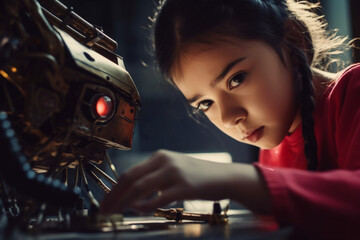 Fototapeta na wymiar Young girl working on robotics arm