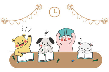 勉強をしている動物たち