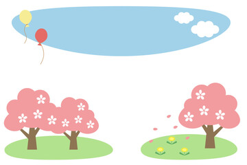 風船が飛ぶ青空と桜の木