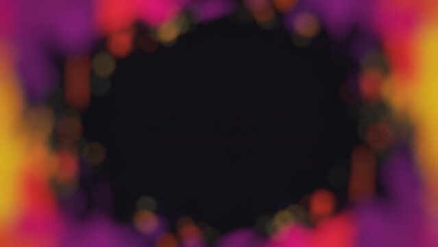 Background image with blurred abstract color spots on the edges and black empty space in the center in purple, yellow, orange and red
