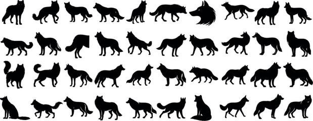 Wolf silhouettes, diverse poses of wolf, elegant, dynamic, ideal for wildlife projects, tattoos, educational content. Majestic wolves captured in minimalist, sleek design