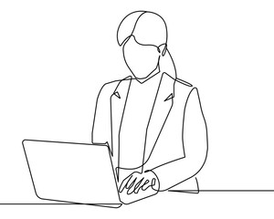 Businesswoman Continuous One Line Drawing. Woman Silhouette and Laptop Black Sketch Isolated on White Background. Female Portrait Abstract Minimal Art. Vector EPS 10