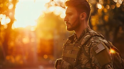 Serene soldier in uniform at sunset, reflective mood captured. military service, honor, and duty. pride and patriotism in evening light. AI - obrazy, fototapety, plakaty