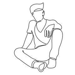 Male Silhouette Sitting Pose Continuous One Line Drawing. Man Black Sketch Art. Abstract Male Silhouette Minimal Contour Illustration. Vector EPS 10